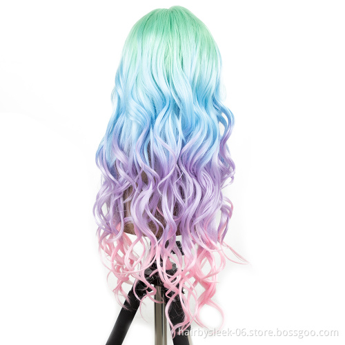 Four color gradient Long Wavy Ombre deep Wave Wigs Middle Part High Temperature Lace Front Wig Synthetic hair wigs For Women